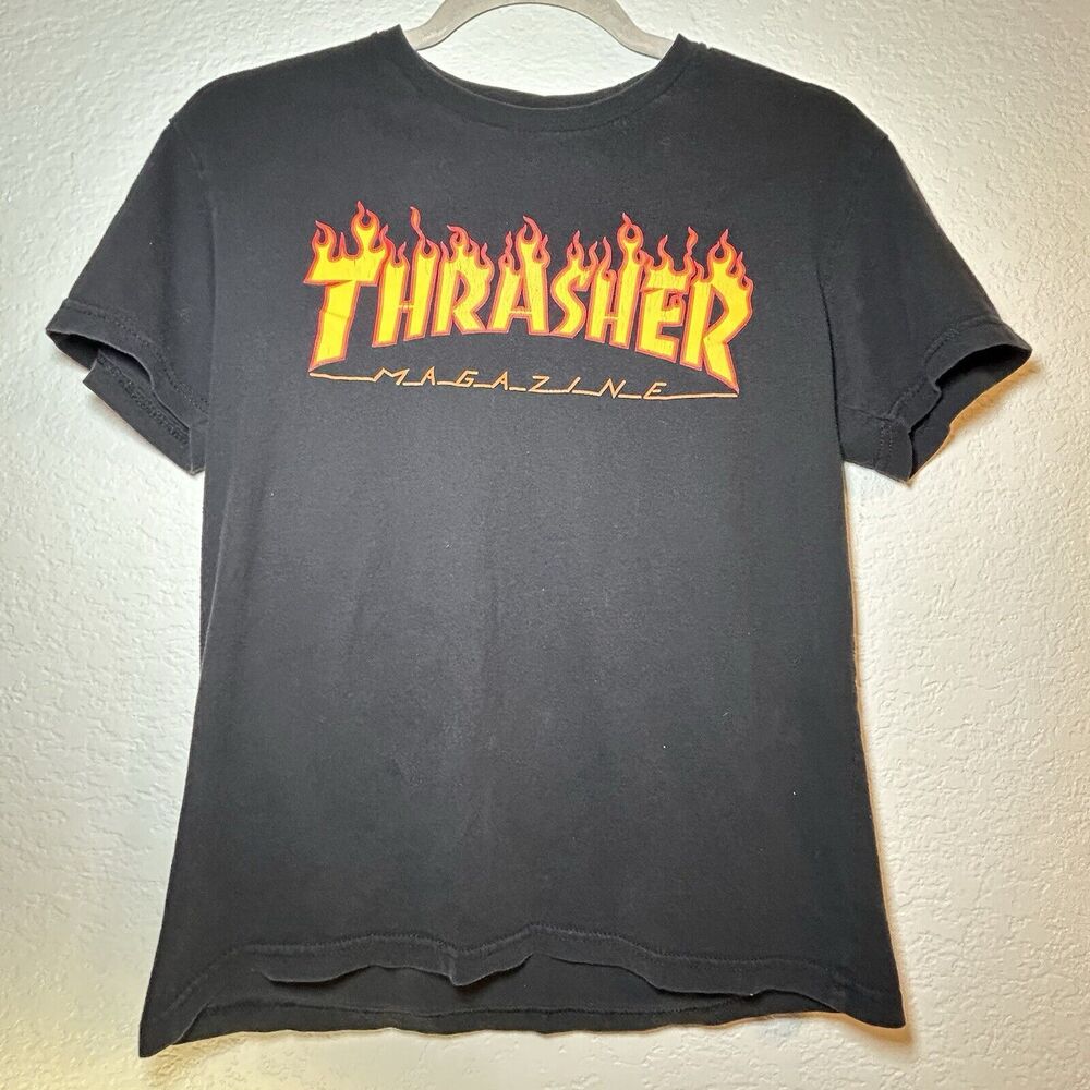THRASHER Shirt Mens Small Black Skateboarding Magazine Flame Logo Skater Y2K VTG